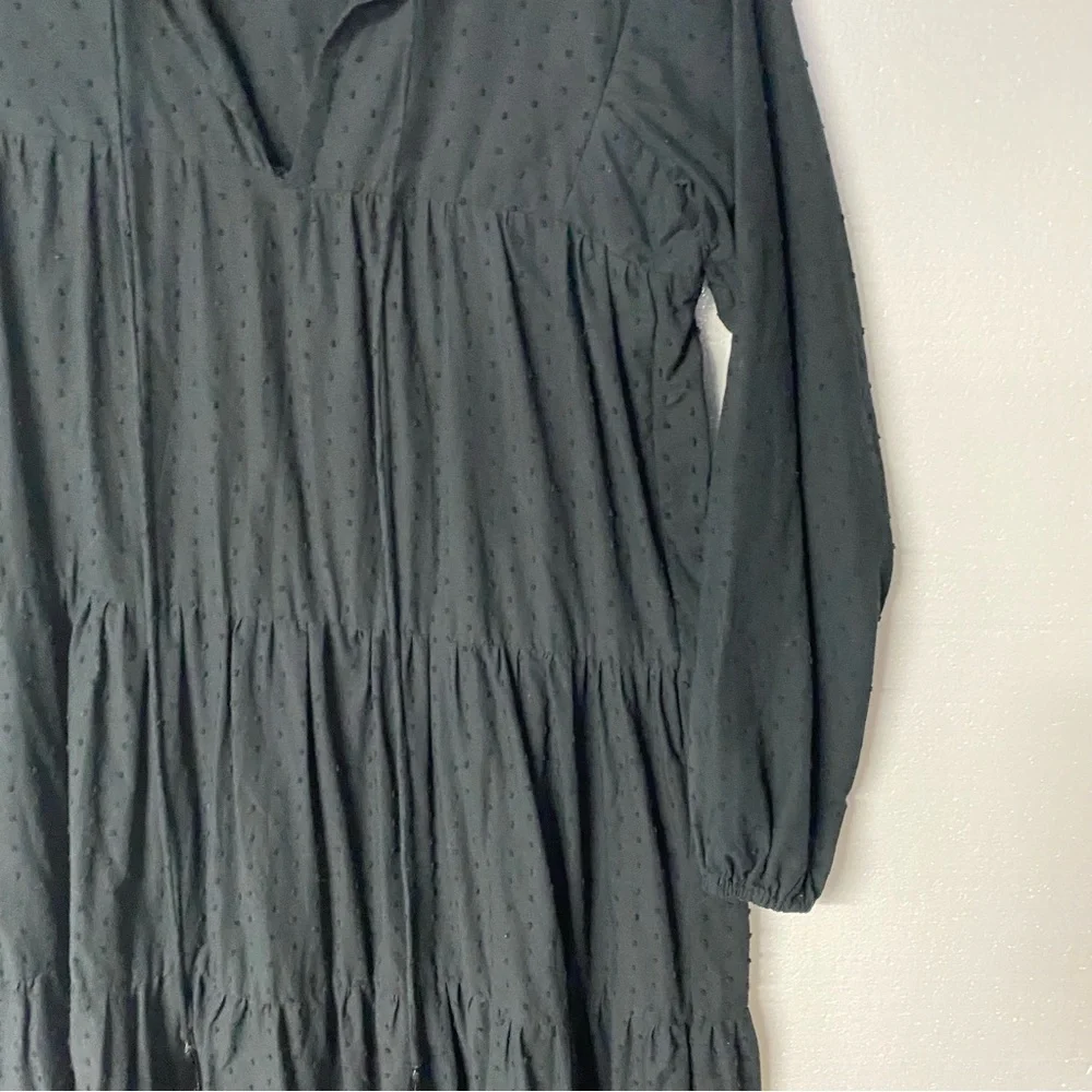 NATALIE MARTIN BLACK Small COTTON LONG SLEEVE TIERED MAXI DRESS Tassel V Neck - Picture 4 of 11